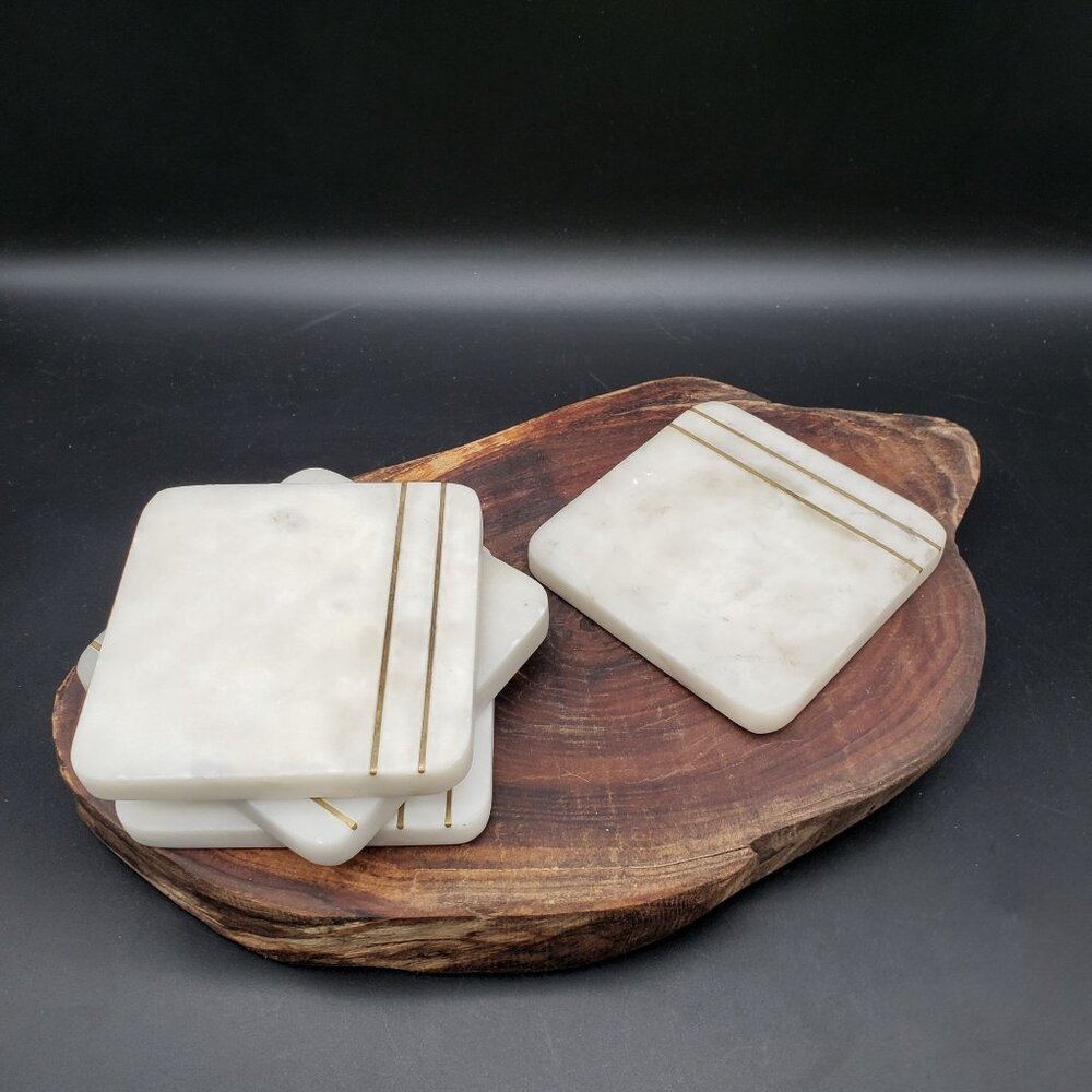 Vintage White Marble Coasters w Brass Inlay Lines 4" Square Set of 4